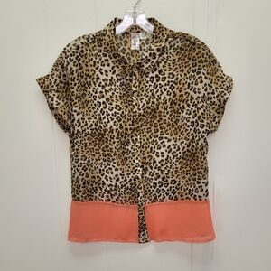 L8teR Leopard Print Button Up Short Sleeve Sheer Shirt